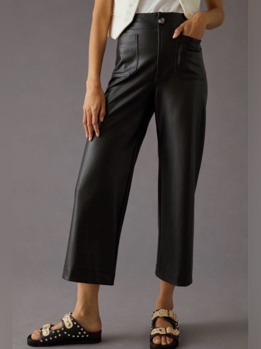 Maeve The Colette cropped wide leg pants black faux leather size 31P (petite)